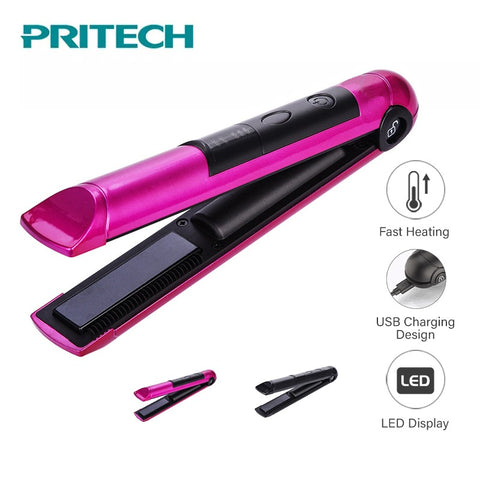 PRITECH Portable USB Recharging Professional Mini Hair Straightener LED Display Cordless Hair Flat Iron Hairs Tool