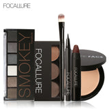 FOCALLURE 6Pcs Pro Face Makeup Set Eyebrow Powder Palette Eyeliner Eyeshadow Palette Sexy Matte Lip Sticker with 1Pcs Brush